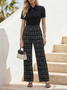 Editum Women's Elegant Solid Color Patchwork Plaid Print Short Sleeve Jumpsuit, Knitted Stretchy Waist Straight Leg Jumpsuit, Suitable For Commuting, Dating, Office Wear And Multiple Occasions Women's Formal Outfit Black Blouse Women Plaid Pants For Women Tweed Pants Women Bow Tie Blouse Zanea Dress For Woman Business Dresses For Women Business Casual Women Co Ords Business Women Clothes Business Outfit Business Casual Outfits For Women Work Outfits For Women - Multicolor - View 5