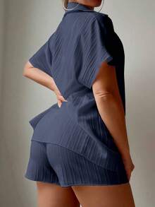 Swim Basics Conjunto casual de camisa tipo kimono y pantalones cortos de unicolor para mujer - Azul marino - Ver 5