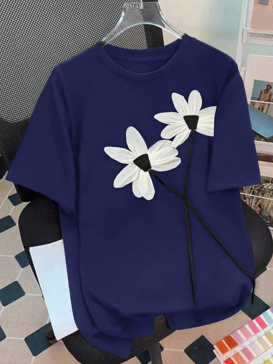 EMERY ROSE Floral Print Round Neck Short Sleeve Tee Graphic Tees Women Tops - Navy Blue - View 1