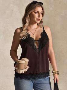 Elegantrix Plus Size Summer Casual Elegant Contrast Lace Camisole - Chocolate Brown - View 4