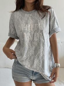 Livesso Lace Round Neck Loose Letter Print Short Sleeve T-Shirt For Women - Grey - View 6