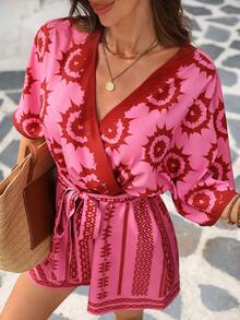 Vivid Eden 女士几何印花无袖休闲连体裤 - 粉色 - 查看 3