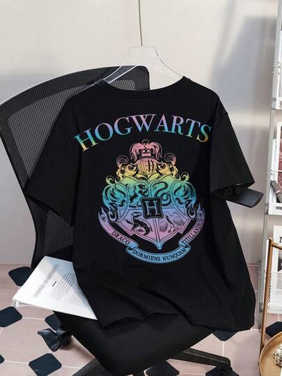 HARRY POTTER X SHEIN Áo thun nữ cỡ lớn cổ tròn tay ngắn kiểu dáng thường ngày.
