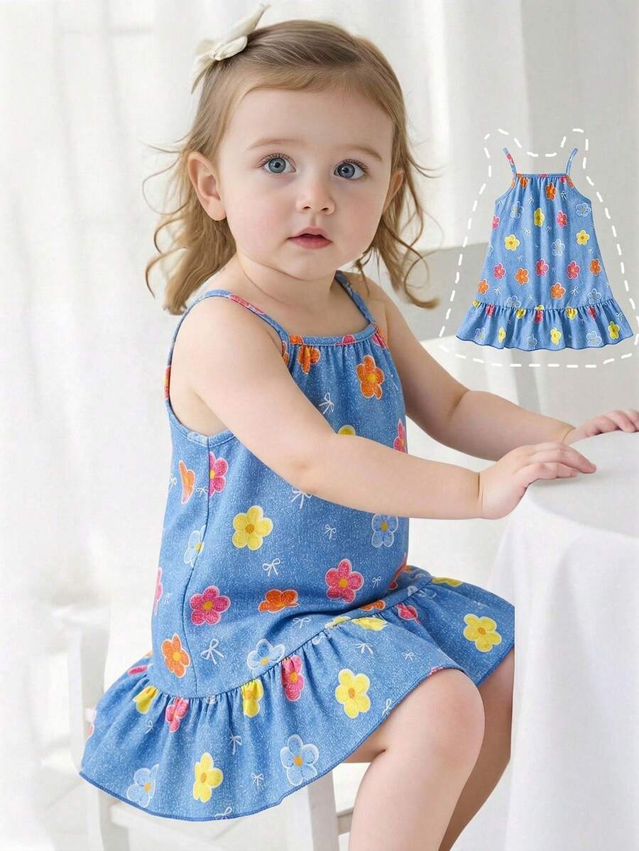 SHEIN Playful Pals 女嬰夏季韓式休閒可愛花卉與丹寧效果梭織洋裝,適合休閒與度假可愛穿搭 - 彩色 - 查看 1
