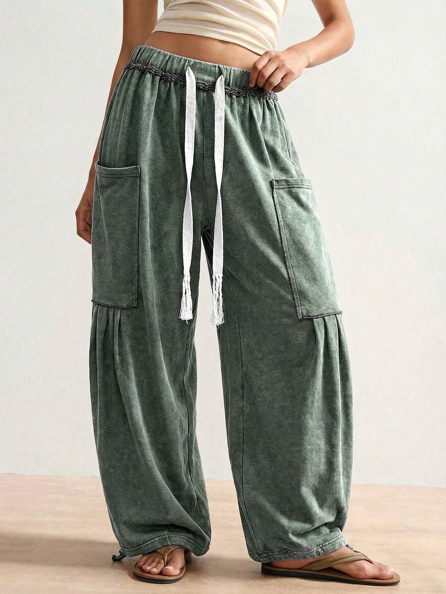 Bohemela Pantalones casuales sueltos con cordón en la cintura para tallas grandes - Verde militar - Ver 1