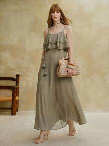 Arave 女士编织细肩带系带荷叶边下摆休闲度假优雅约会连衣裙，夏季 - 0.霧綠 - 查看 1