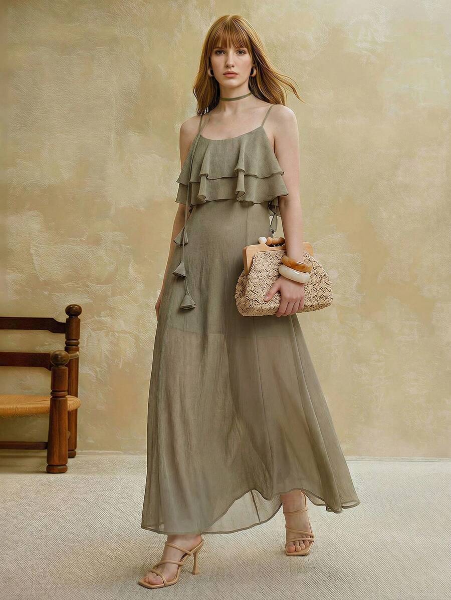 Arave 女士编织细肩带系带荷叶边下摆休闲度假优雅约会连衣裙，夏季 - 0.霧綠 - 查看 1