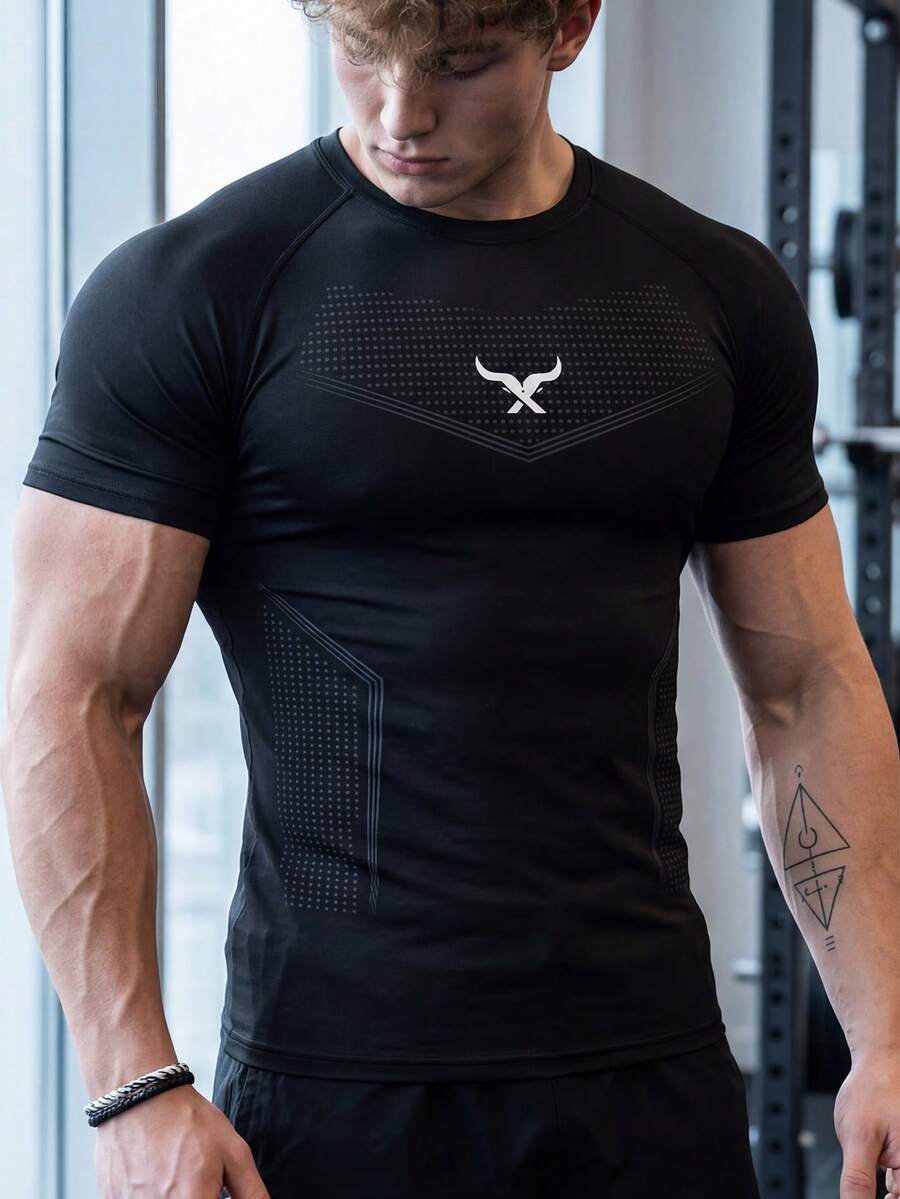 GymBeat Men's Bull Print Raglan Short Sleeve Sports T-Shirt - Black - View 1
