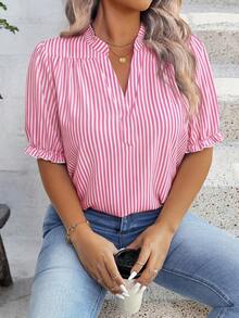 EMERY ROSE Camisa casual con cuello en V a rayas y mangas con volantes para mujer de talla grande - Rosa Fucsia - Ver 8