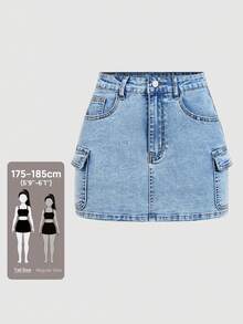 SHEIN Tall Women's Casual Cargo Pockets Bodycon Mini Denim Skirt - Blue - View 4