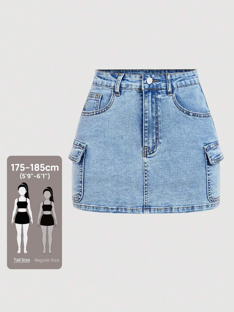 SHEIN Tall 女士休闲工装口袋紧身迷你牛仔半身裙 - 藍色 - 查看 1