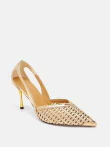 Glitzique 女士尖头魅力时尚网纱透气性感派对婚礼百搭水钻高跟鞋，细高跟鞋 - 金色 - 查看 6