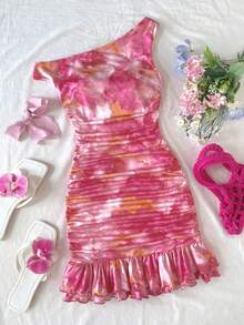 SHEIN Đầm ngắn ôm sát dáng suông, bất đối xứng vai, in họa tiết nhuộm tie-dye màu hồng dành cho bé gái tuổi teen, thích hợp cho các buổi tiệc, trà chiều, đi biển, đám cưới, lễ tốt nghiệp. - Hồng - Xem 4