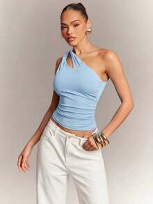 Hauture Women's Solid Color Pleated Casual Versatile Daily Wear Top - Blue - View 6