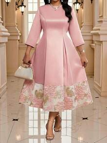Fleurora Plus Size Women Dusty Pink Jacquard Round Neck 3/4 Sleeve Elegant Midi Dress For Autumn,Formal Wedding Guest Party,Luxury Evening Special Occasions - Pink - View 5
