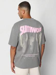 SUMWON Áo thun nam tay ngắn, chất liệu cotton, in họa tiết cây xương rồng và chữ màu hồng, kiểu dáng thường ngày, thích hợp cho mùa hè và phong cách đường phố. - Xám - Xem 1