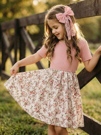 Emery Rose Kids Emery Rose Kids Young Girl Patchwork Ditsy Floral Round Neck Short Sleeve Casual Dress