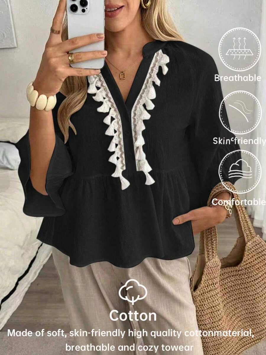 Louniche Blusa de lino de unicolor con cuello en V y cordón con flecos para mujer, ideal para vacaciones - Negro - Ver 1