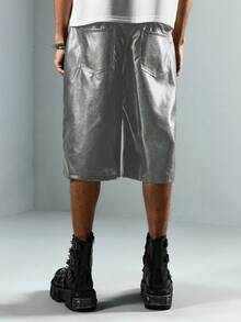 ROMWE MEN Street Life Men's PU Leather Casual Capri Pants With Pockets & Rivets, Hip Hop Style - Silver - View 3