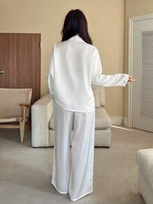 DAZY Bộ đồ ngủ nữ dáng rộng, thanh lịch, chất liệu satin jacquard kẻ sọc và ren phối hợp, thích hợp cho kỳ nghỉ hè. - trắng - Xem 2