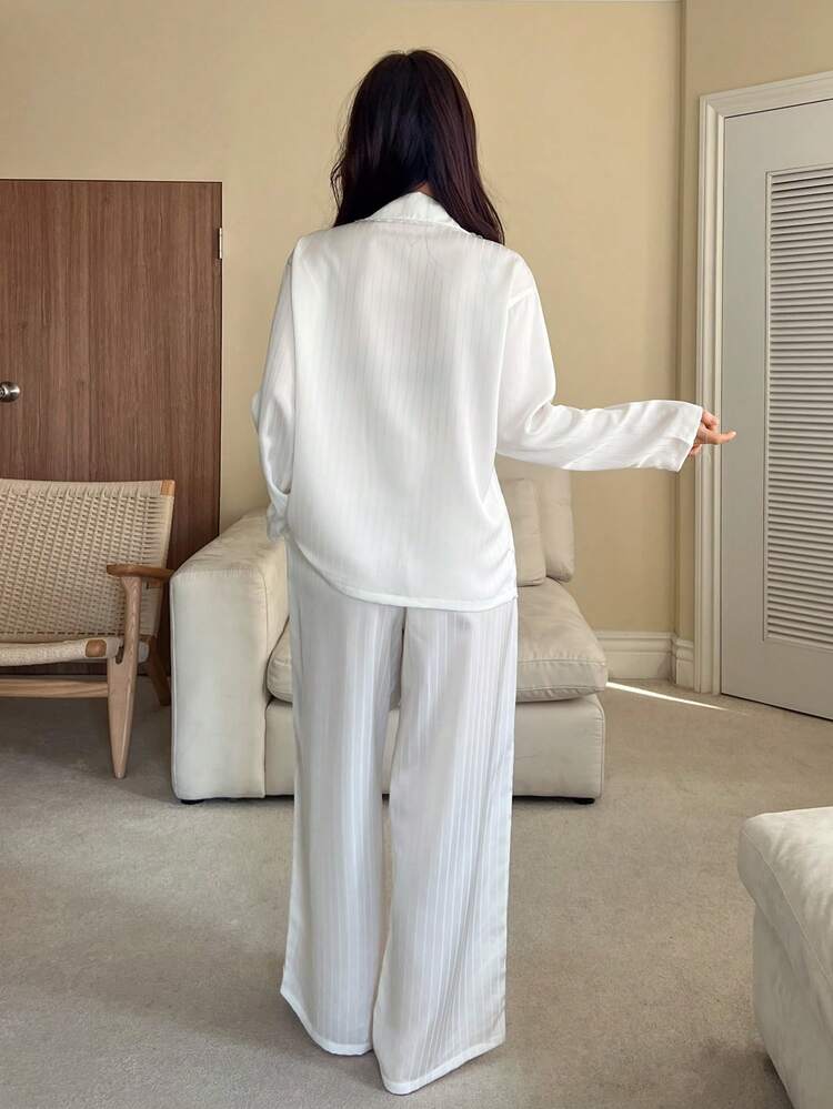 Elegant Summer Vacation Satin Jacquard Stripe & Lace Patchwork Loose Women Pajama Set