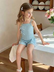 女童休闲时尚日常穿搭无袖高腰短款连体裤，饰有可爱蝴蝶结设计 - 藍色 - 查看 4