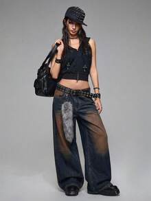 ROMWE Grunge Punk Y2K Baddie Chic Letter & Cross Embroidery Distressed Loose Wide Leg Low Waist Jeans For Women - Dark Wash - View 6