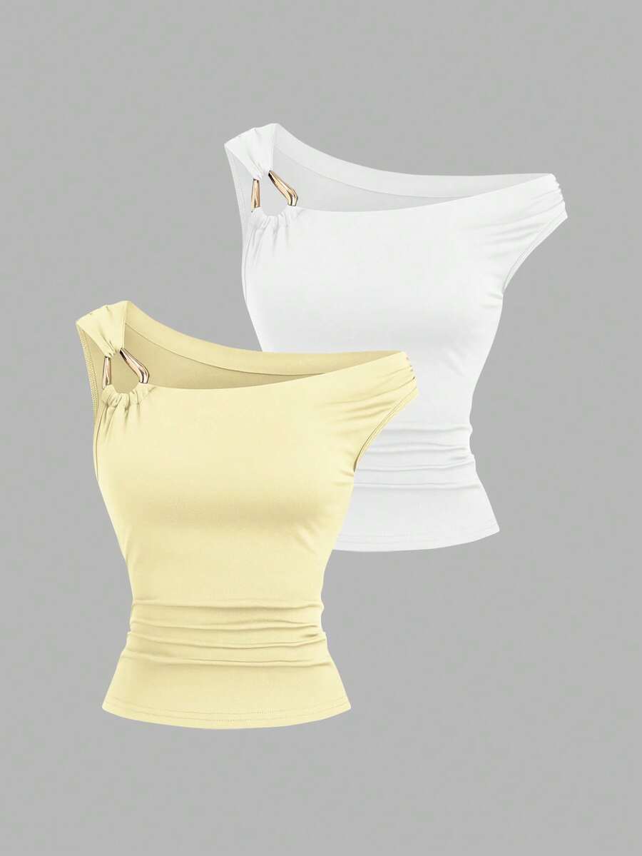 Sweetra Set de 2 camisetas ajustadas con cuello asimétrico, versátil top casual, primavera/verano - Multicolor - Ver 1