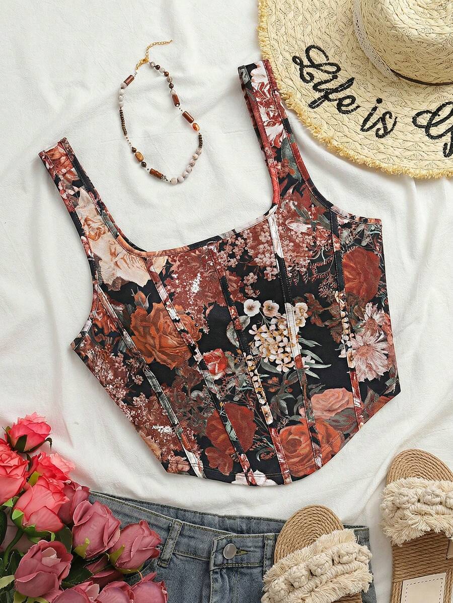 SHEIN VCAY Plus Size Women Floral Print Square Neck Camisole - Rust Brown - View 1
