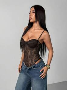 SHEIN PETITE Sexig bodysuit i mesh med lapptäcke och spets för kvinnor - Brun - Visa 5