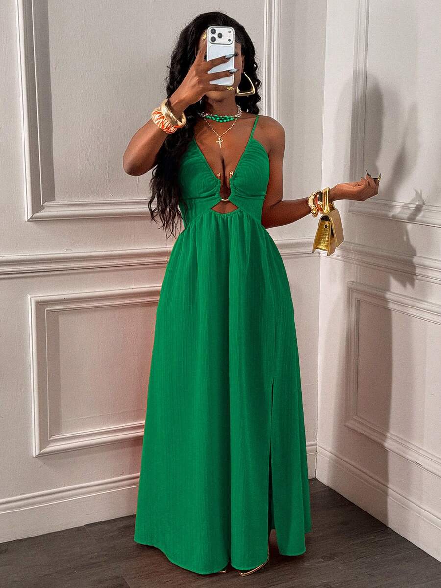 Glyssa Women's Sexy Spaghetti Strap Backless Criss-Cross Front Hollow U-Shaped Buckle Ruched Hem High Slit Dress - Green - View 1