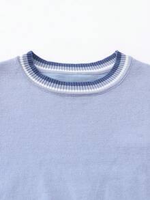 SHEIN Franclia Contrast Color Striped Round Neck Short Sleeve Top, Casual & Comfortable Knit Fabric, Spring/Summer - Baby Blue - View 7