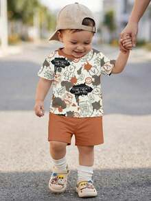 SHEIN Baby Boy Casual Minimalist T-Shirt Set, Suitable For Summer, Classic Bear Print - Multicolor - View 1