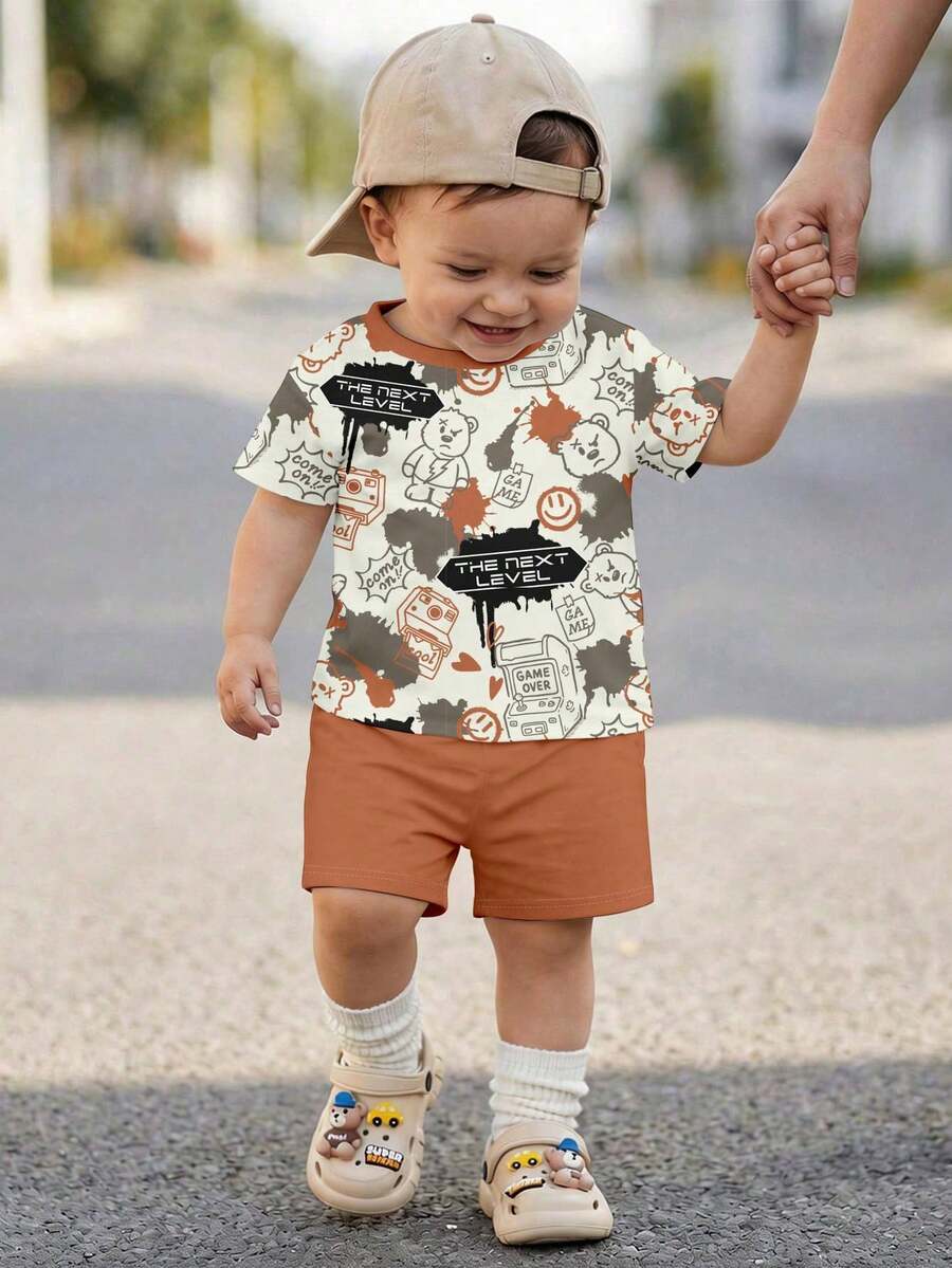SHEIN Baby Boy Casual Minimalist T-Shirt Set, Suitable For Summer, Classic Bear Print - Multicolor - View 1
