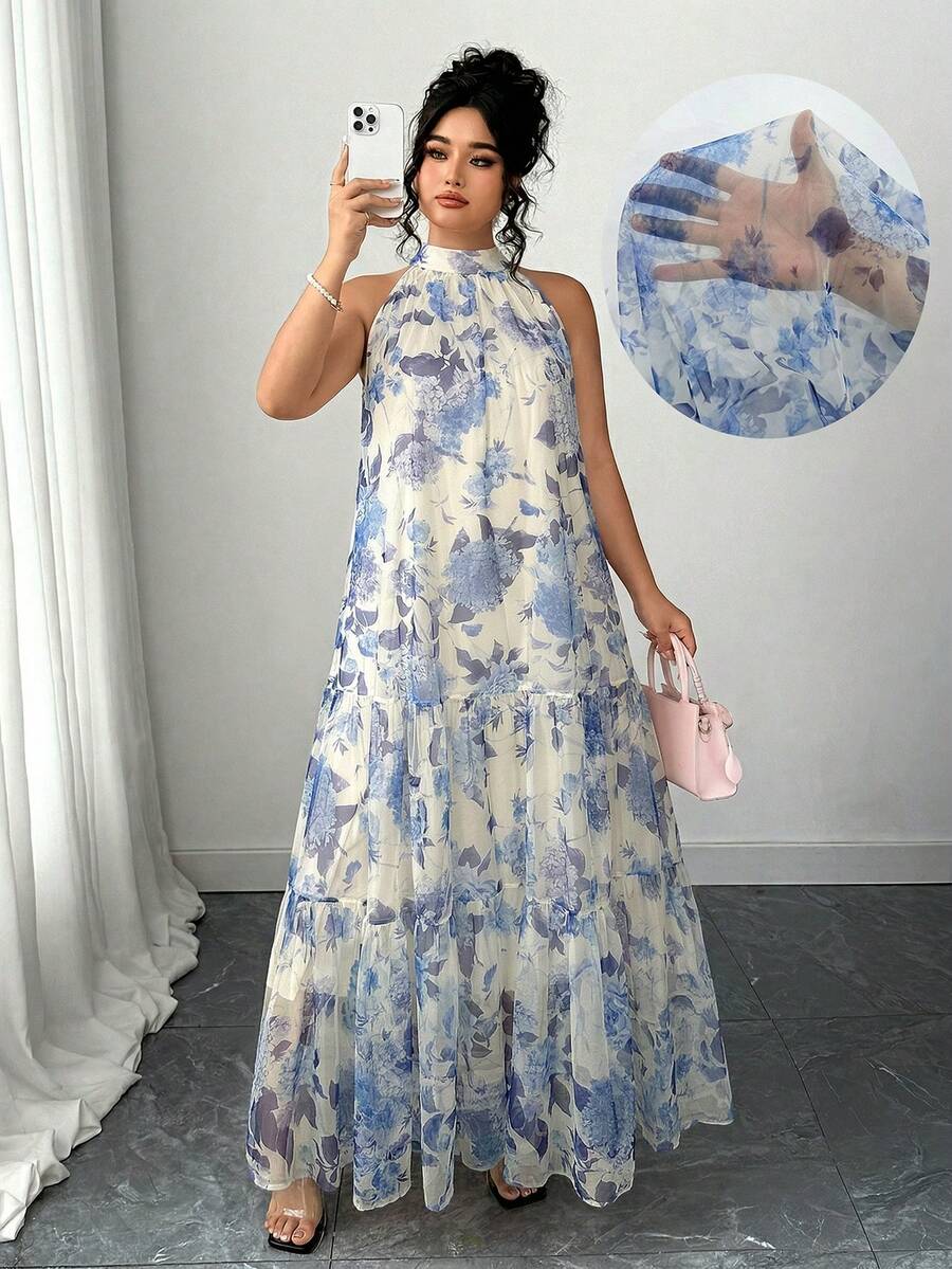 Elenzga Plus Size Dam Elegant Vävd Ärmlös Dubbelskiktad Blommig Meshklänning - Blå - Visa 1