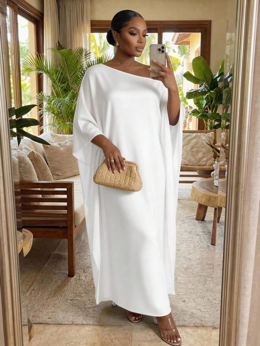 SHEIN Lady CURVE Đầm cỡ lớn thanh lịch màu trơn cổ lệch vai - trắng - Xem 1