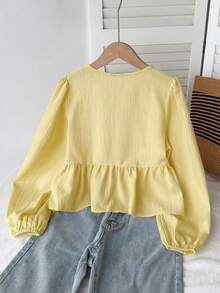 SHEIN 少女休闲简约舒适圆领长袖蝴蝶结纹理面料衬衫，返校季 - 黃色 - 查看 2