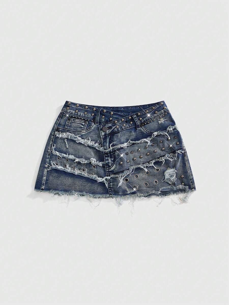 ROMWE J-Fashion Chân váy mini denim ôm sát rách rưới, đính đinh tán và ngọc trai, phong cách retro Y2K dành cho nữ. - Màu xanh lam - Xem 1