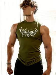 GymBeat Gothic Style Printed Sleeveless Workout Tank Top For Men - Army Green - View 3