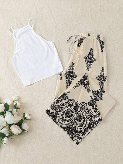 SHEIN PETITE 女士纯色吊带背心和印花长裤套装