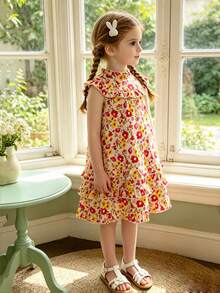SHEIN Vintaside Kids 少女夏季甜美可爱度假风碎花荷叶领层叠荷叶边下摆无袖连衣裙 - 彩色 - 查看 5