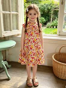 SHEIN Vintaside Kids 少女夏季甜美可爱度假风碎花荷叶领层叠荷叶边下摆无袖连衣裙 - 彩色 - 查看 7