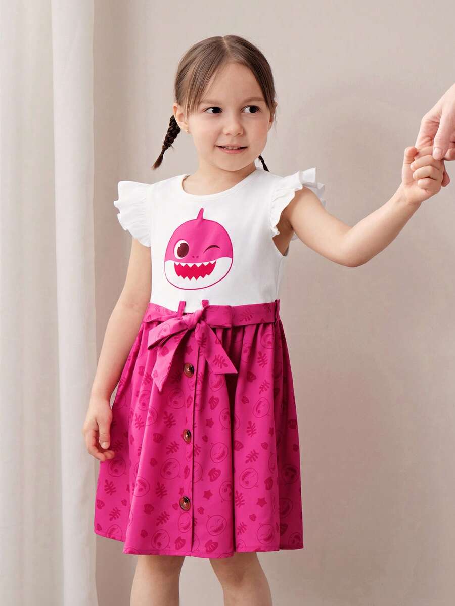 BABY SHARK X SHEIN Váy ngắn tay in hình cá mập hoạt hình dễ thương cho bé gái - Hồng - Xem 1