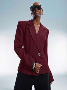 Pastal Backless Women's Blazer Jacket, Oversized Sexy Shoulder Design, Metal Asymmetric Buttons, Minimalist Deconstructed Style Golf Summer - Red - View 7