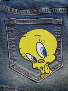 LOONEY TUNES X SHEIN Quần short denim nữ casual in hình hoạt hình ngộ nghĩnh, thích hợp mặc hàng ngày đi làm, mùa hè. - Màu xanh lam - Xem 3