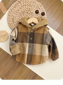SHEIN Baby Boy/Girl Casual Plaid Patchwork Woven Cardigan Shacket - Khaki - View 2