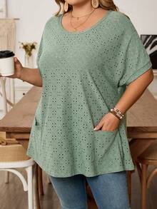 SHEIN CURVE+ Camiseta de manga de murciélago con cuello redondo, bolsillo y estampado floral colorido para tallas grandes - Verde - Ver 7