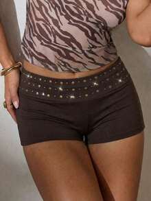 Aloruh Women's Dark Brown Hot Pants With Rivet Decoration, Seductive Micro Shorts For Night Out, Summer Music Festivals, Streetwear, Boho Chic Beach - Brown - View 10