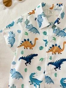 SHEIN 男婴可爱休闲夏季百搭卡通恐龙图案短袖衬衫，萌萌哒上衣，恐龙衬衫 - 彩色 - 查看 6