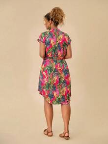 Travachic Plus Size Batwing Sleeve Tie Waist Shirt Dress - Multicolor - View 2